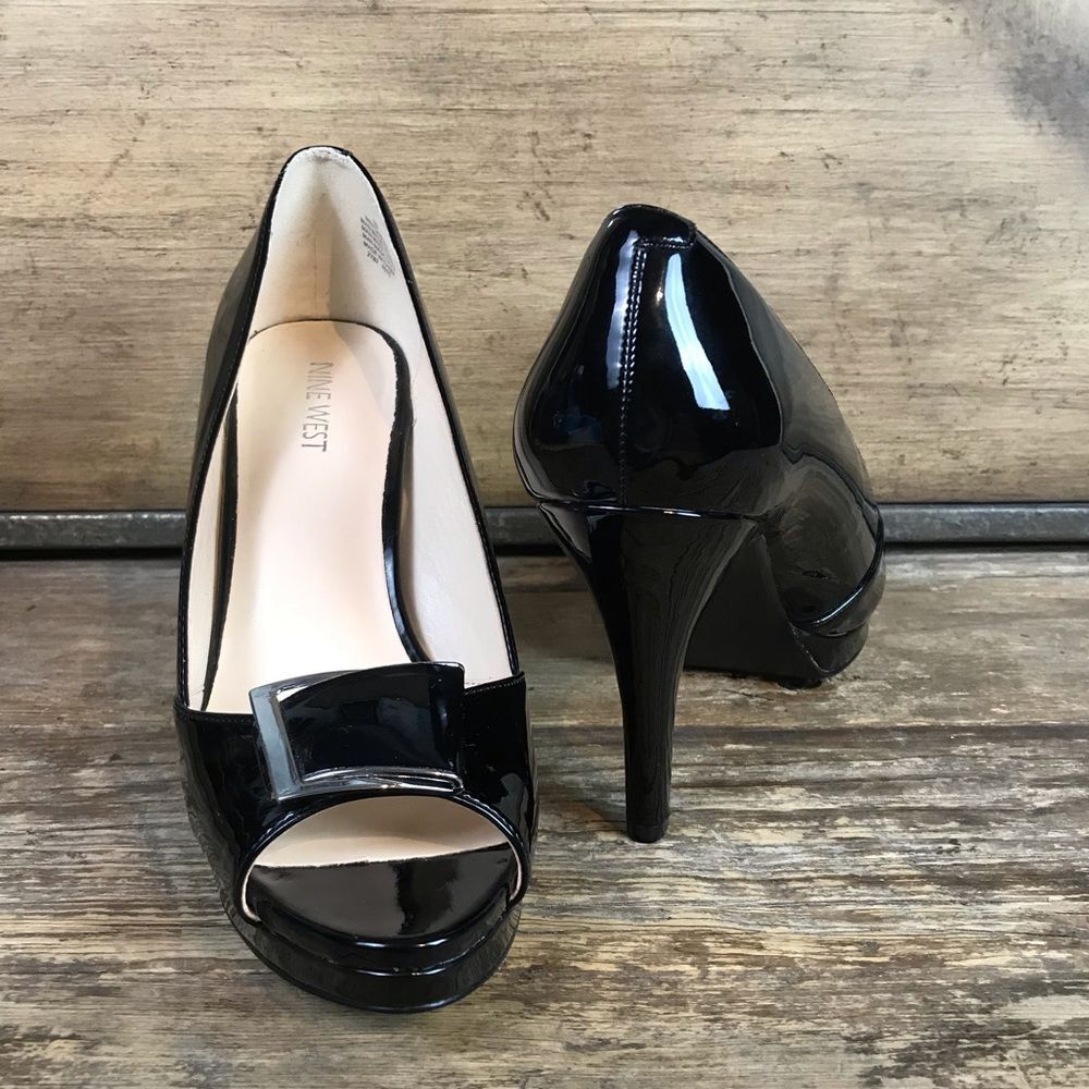 Nine West Dandra Black Patent Peep Toe Pump Heel 9